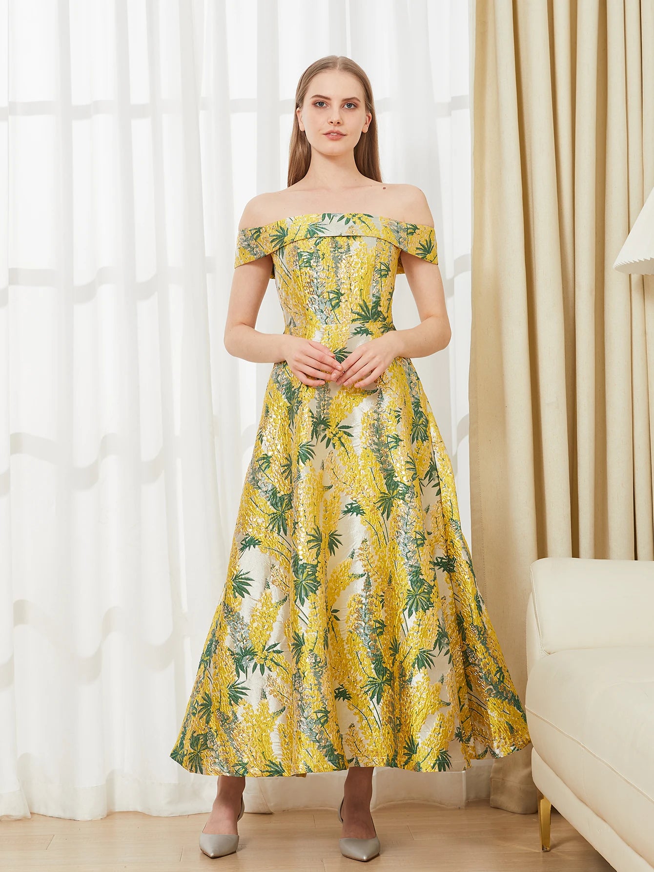 Belle Mode Abendkleid Off-Shoulder Jacquard - Maxi Lang