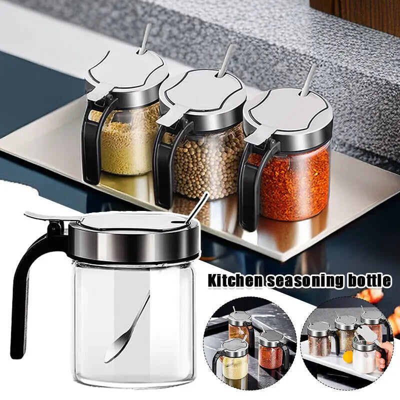 Spices Glass Seasoning Jar with Spoon Sugar Bowl Salt Shaker Pepper Seasoning Container Kitchen Supplies Storage Set Spice Boxes