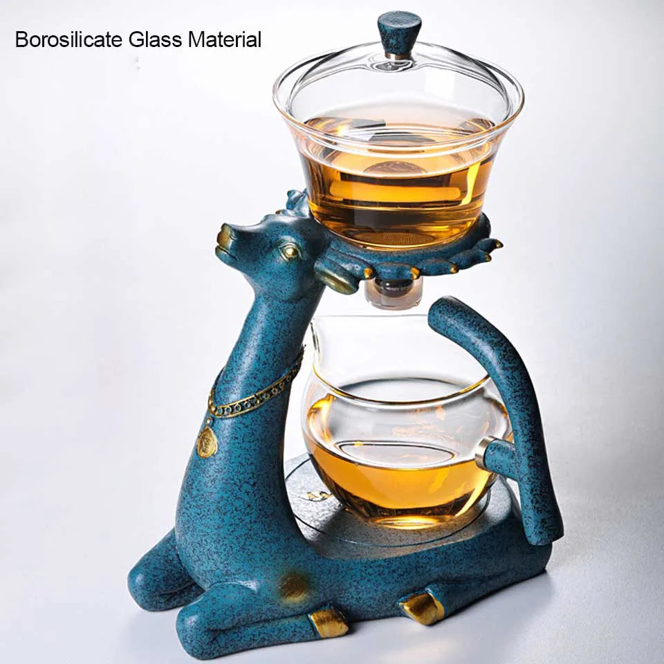 BOZZH-Kungfu Glass Tea Set, Creative Deer Teapot, Magnetic Water Diversion, Tea Infuser, Turkish Drip Pot with Base