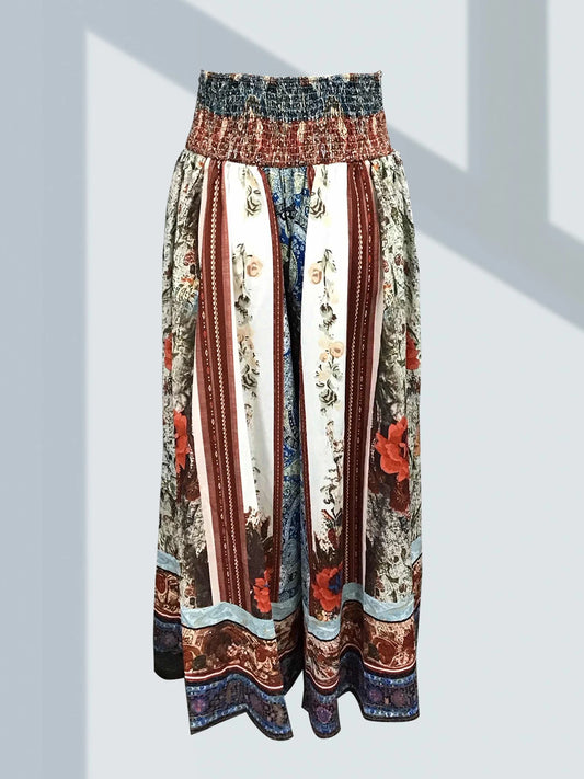 Pantaloni eleganți pentru femei, stil boem, model floral retro clasic, imprimare, talie elastică, talie înaltă, pantaloni largi pentru femei