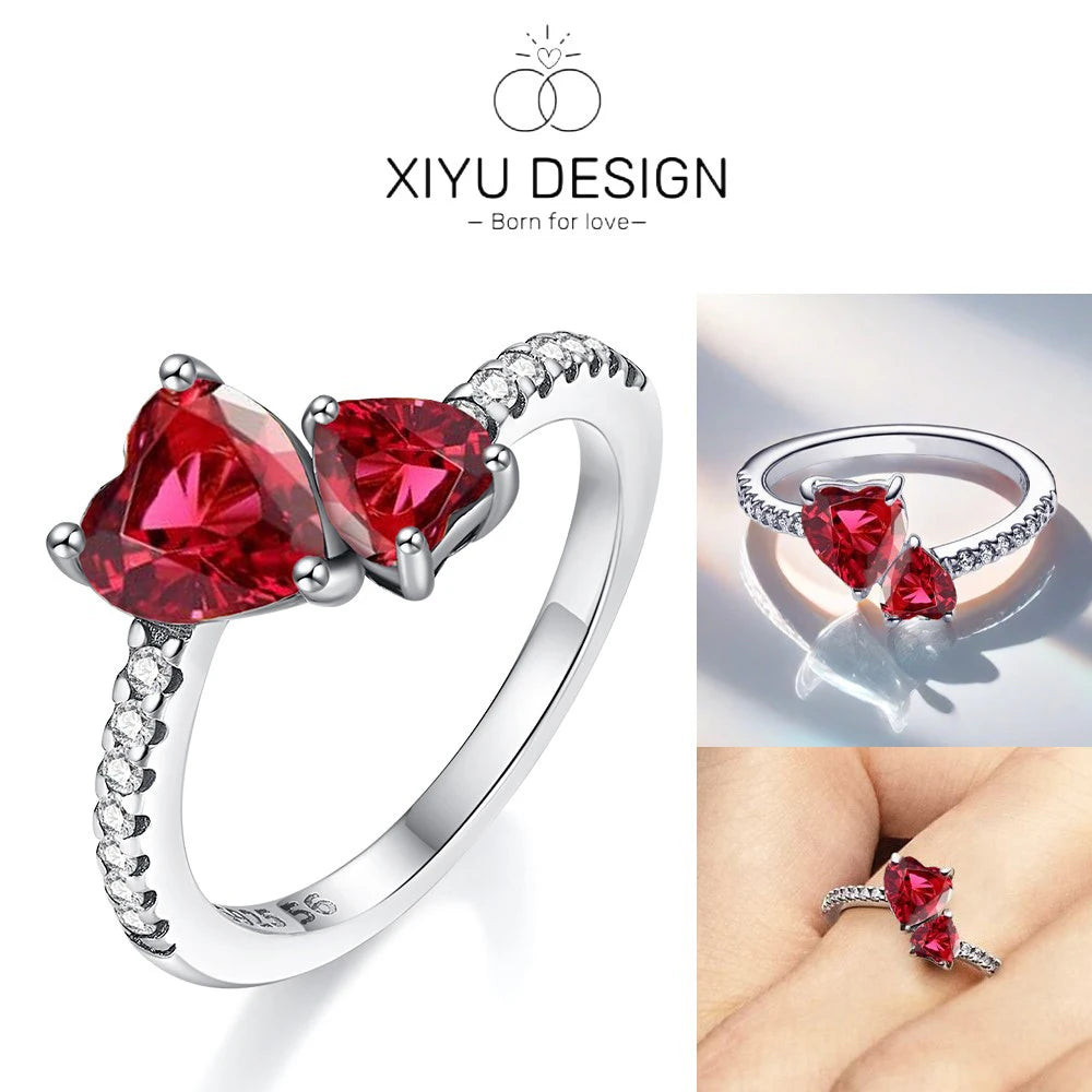 New 925 Silver Shining Red Double Love Ring Zircon Original S925 Finger wedding Ring DIY Women Fine Jewelry Gift
