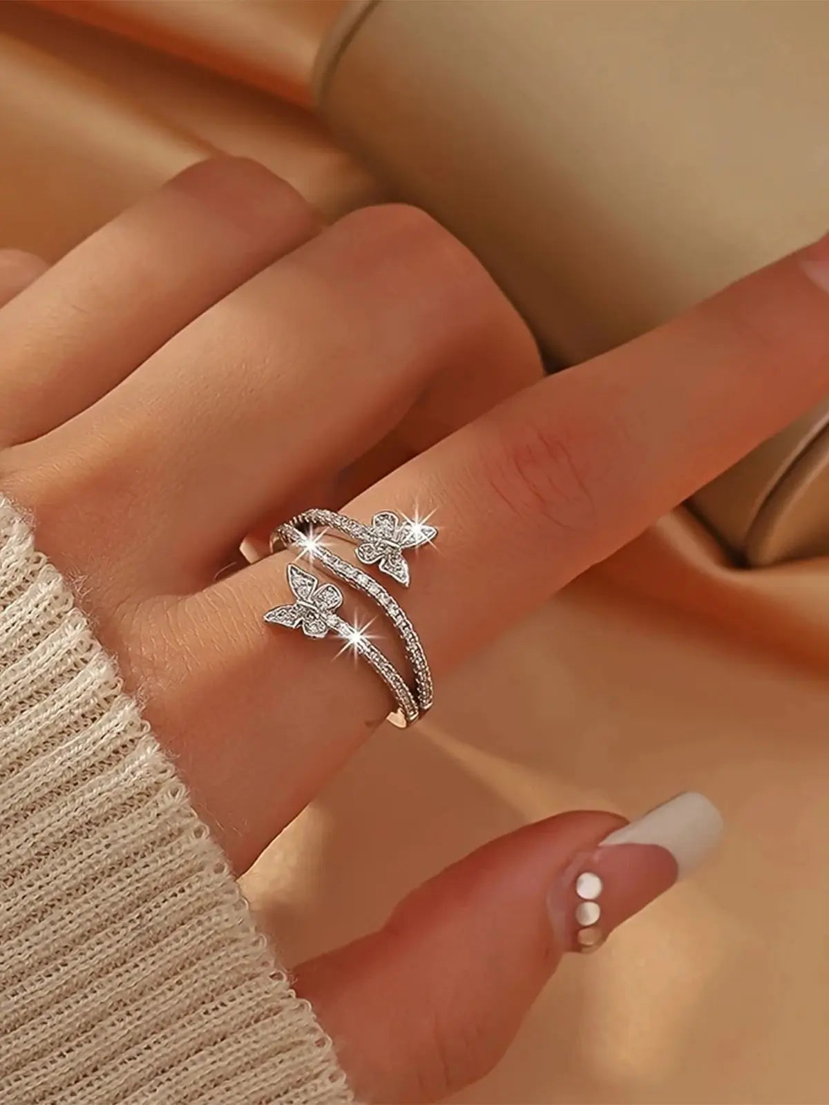 Inel elegant și reglabil cu fluture dublu, inel cu trei straturi, inel personalizat pentru degetul arătător, potrivit pentru purtare zilnică și cadou