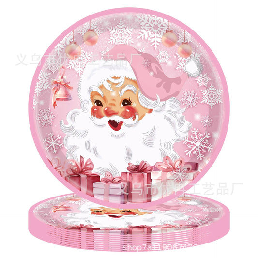 8Guests Pink Christmas Santa Claus Disposable Tableware Snowflake Santa Merry Christmas Decor 2025 Feliz Navidad Happy New Year