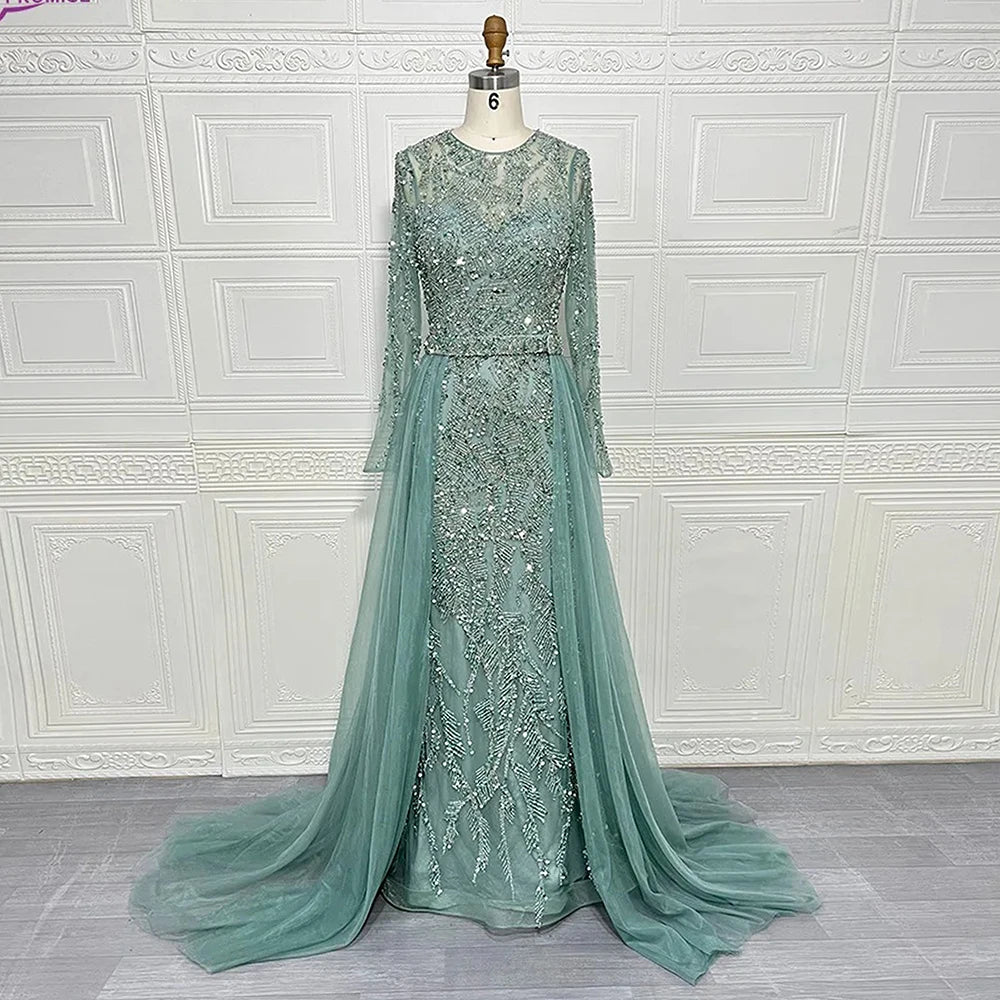 Rochie de seară elegantă pentru femei 2025 musulmană, mâneci lungi, sirenă, trenă detașabilă, mărgele, rochie de bal formală, nuntă, petrecere, personalizată