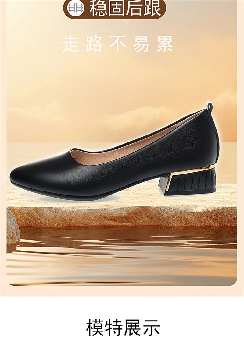 Simple Soft Leather Thick Heel Single Shoes For Women In Summer New Pointed Toe Low Heel White Work Shoes Elegant Comfortable