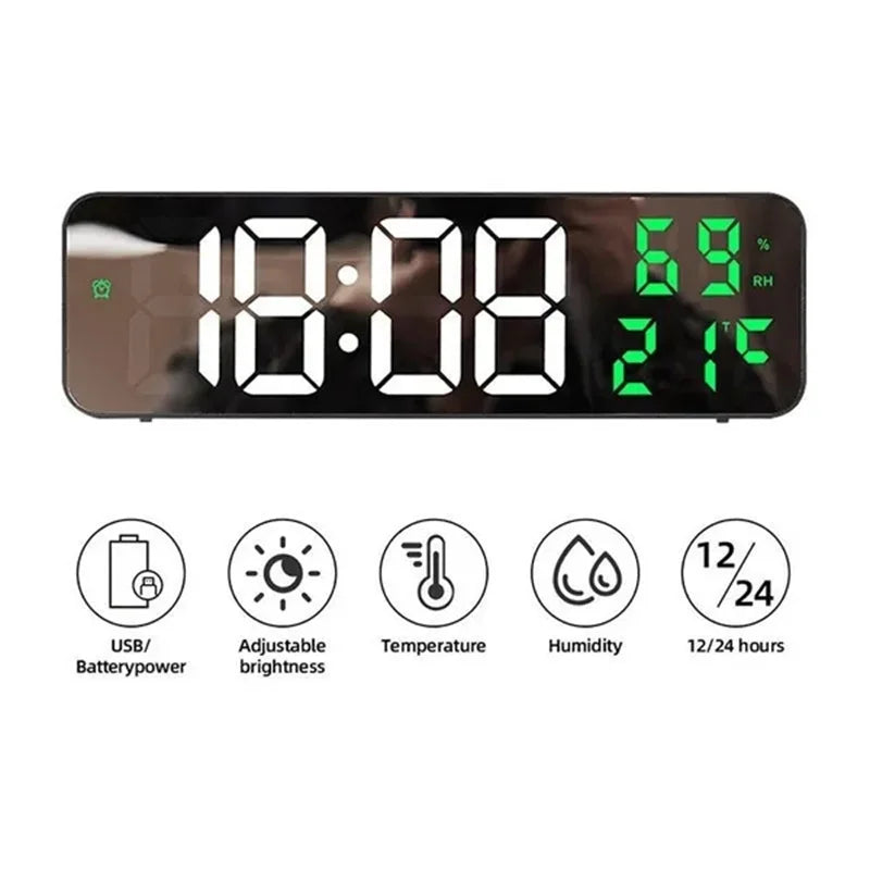 Led Wall Clock Large Screen Digital Mirror Adjustable Brightness Temp Humidity Date Display Alarm Clocks for Home Living Room