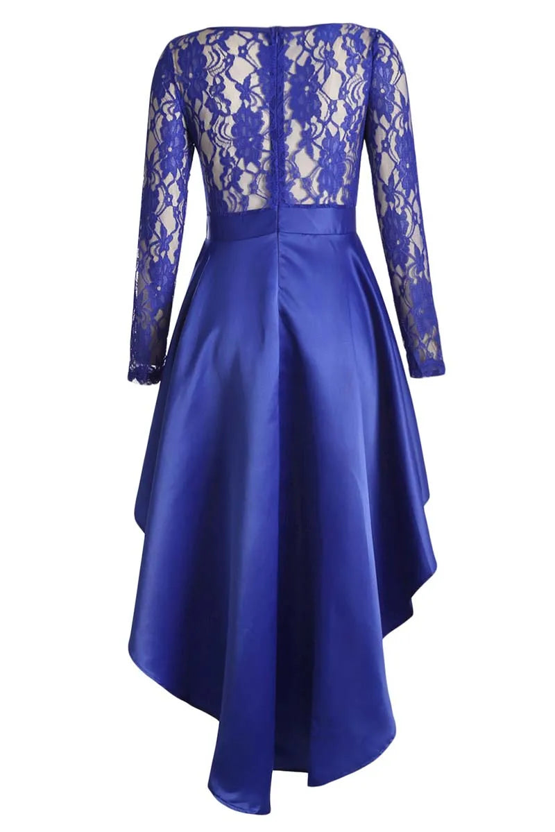New Spring Elegant Dresses for Women Long Sleeve Lace High Low Satin Prom Evening Dress Cocktail Party Gowns Vestido Feminino