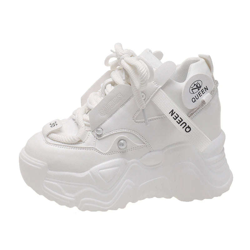 White Chunky Sneakers Women New Autumn Hidden Heel Platform Sports Dad Shoes Woman Lace Up Breathable Mesh Casual Shoes 9.5CM