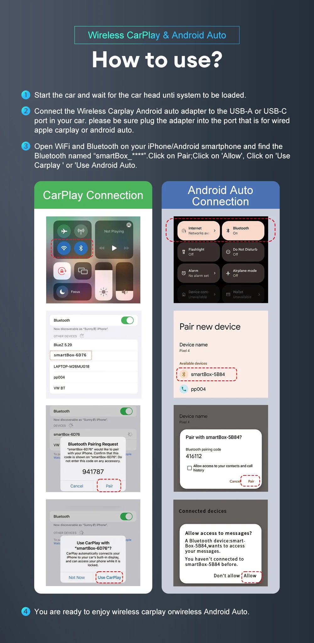 XUDA 2 în 1 Wireless CarPlay AI Mini Box 2025 - Android Auto Box Plug Play - Conexiune automată compatibilă cu 99% dintre radiourile auto pentru mașini