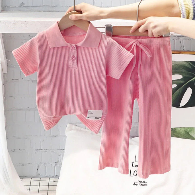 Girls Fashion Set Baby Lapel Pit Stripes Short Sleeve Pants Suit Summer 2024 New Children's Casual Comfortable Sports 2 Pcs 2-8Y