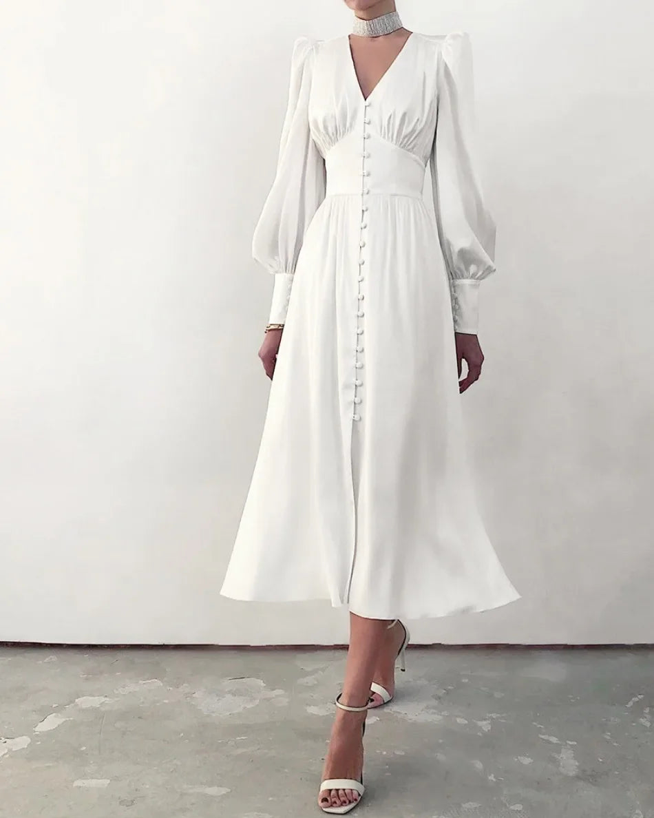 Elegante Mode Einreihig High Waist Satin Kleid - Midi Gr M