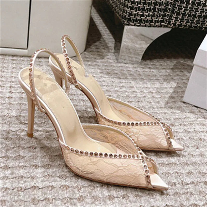 Elegant Women Pointed Toe Rhinestone High Heeled Shoes for Woman's Lace Peep Toe Thin Heels Sandals elegant Ladies Wedding Pumps