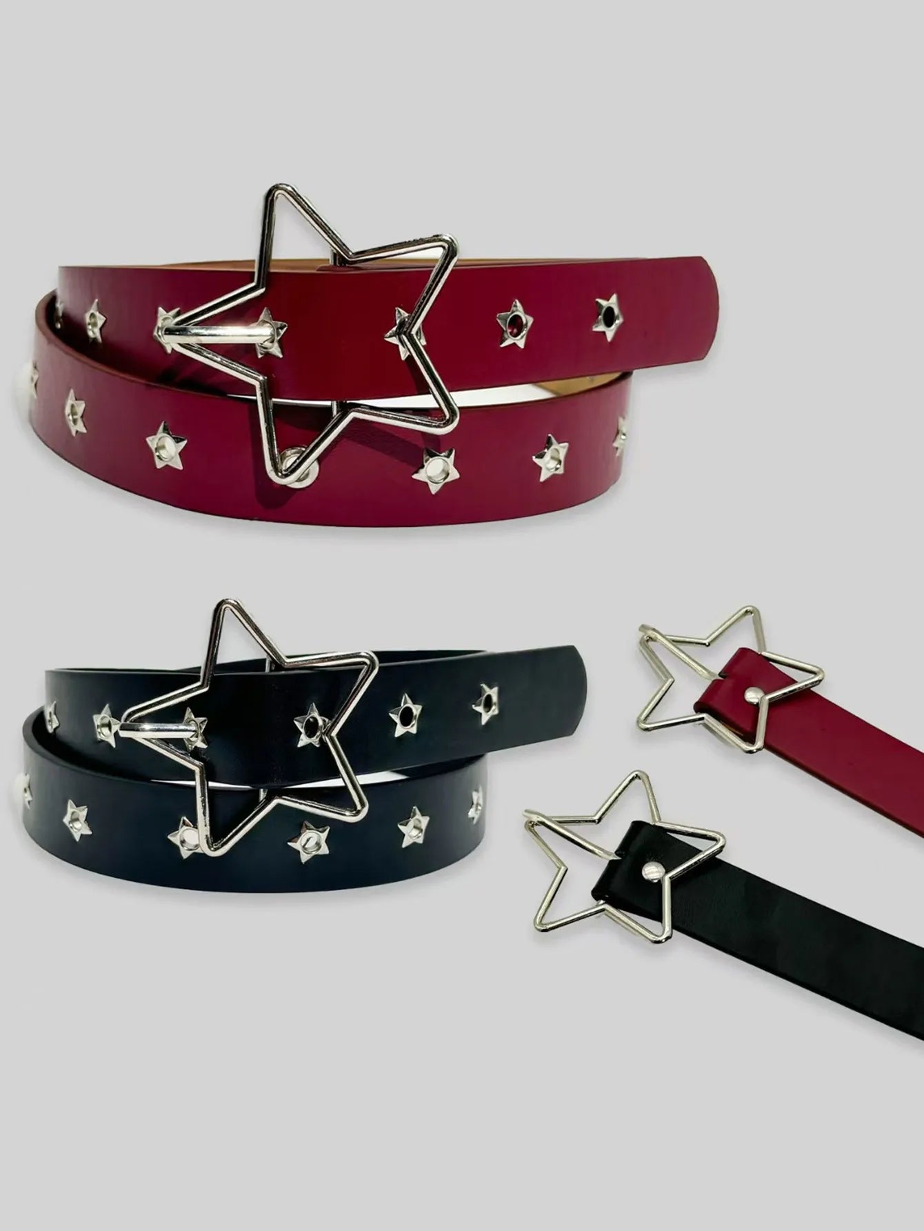 Punk-Style Star Embellished Belt with Multiple Holes Fashionable Button Clasp Versatile Waist Belt for Trendy Pants