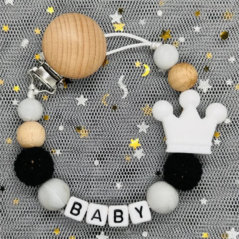 Nou personalizat nume personalizat suzetă clemă lucrată manual din lemn de fag lanț silicon coroană suport suzetă bebeluși jucărie de mestecat cadou de mestecat