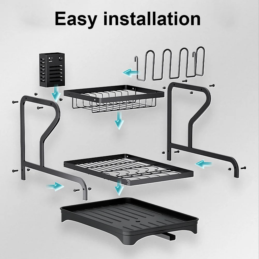 Dish Drainer Rack Multi-functional 2-Tier Dish Rack Kitchen Supplies Storage Rack Draining Rack Cup Chopstick Organizer