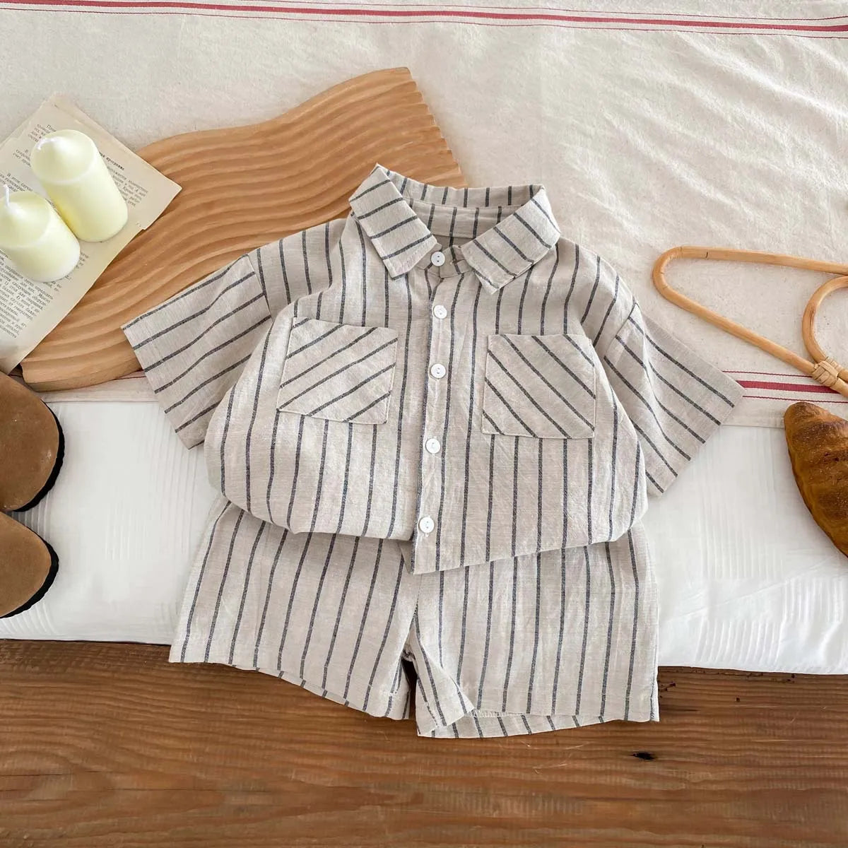 Copii stil coreean retro cu dungi mânecă scurtă tricou + pantaloni scurți set pentru copii mici băieți fete vară subțire casual la modă ținută