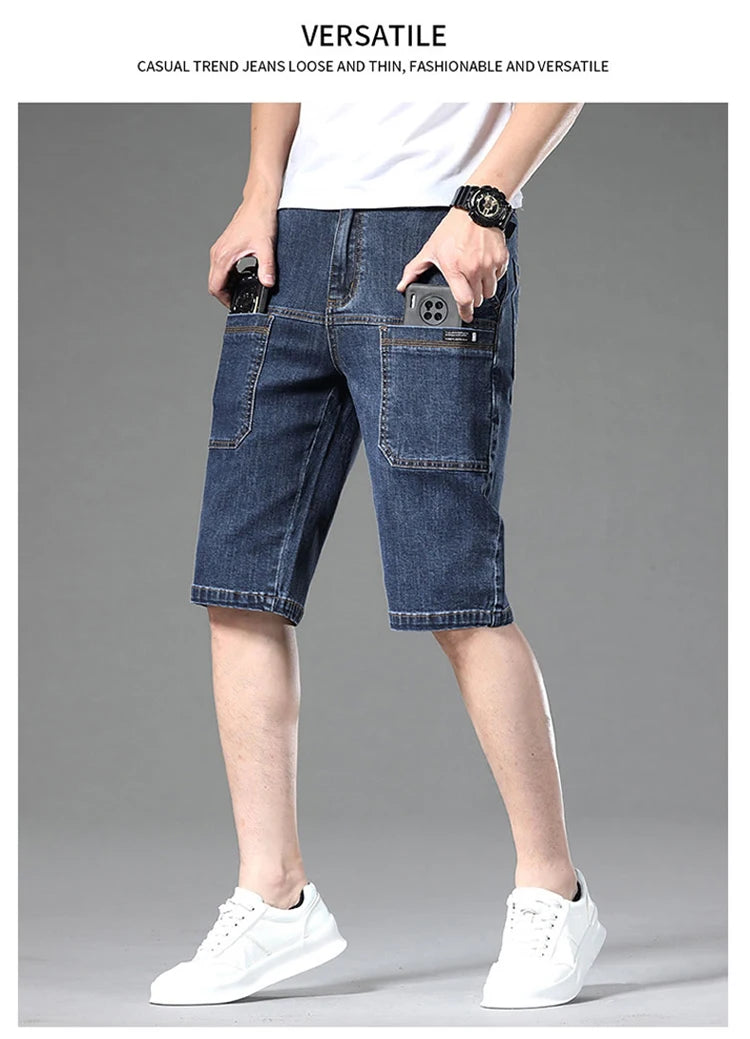 Jeans men's pants Korean version trendy jeans slim fit fashion shorts trendy breathable spring/summer multi bag work clothes cro