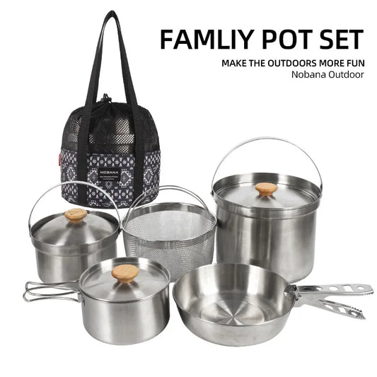 NOBANA Newest Outdoor Stainless Steel Pot Set Camping Family Pot Set 5L Portable Picnic Soup Pot Frying Steaming Household Pot