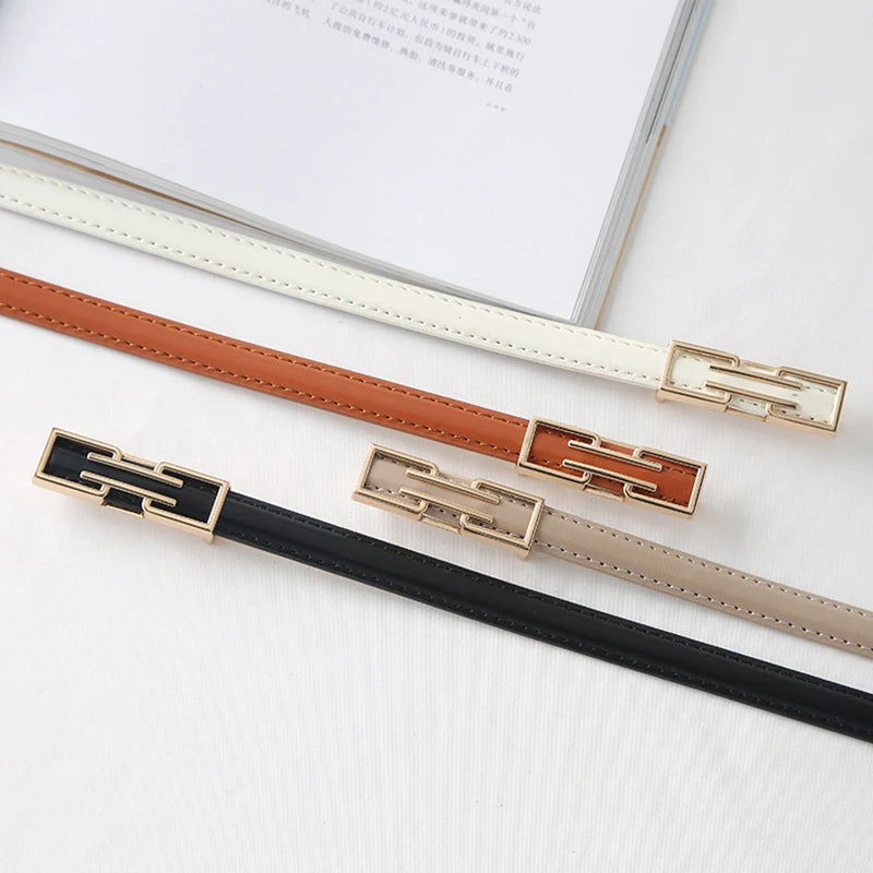 Leather Thin Belt For Women Personalized New Fashion Metal Buckle Waist Strap Female Jeans Dress Trouser Decorative Waistband