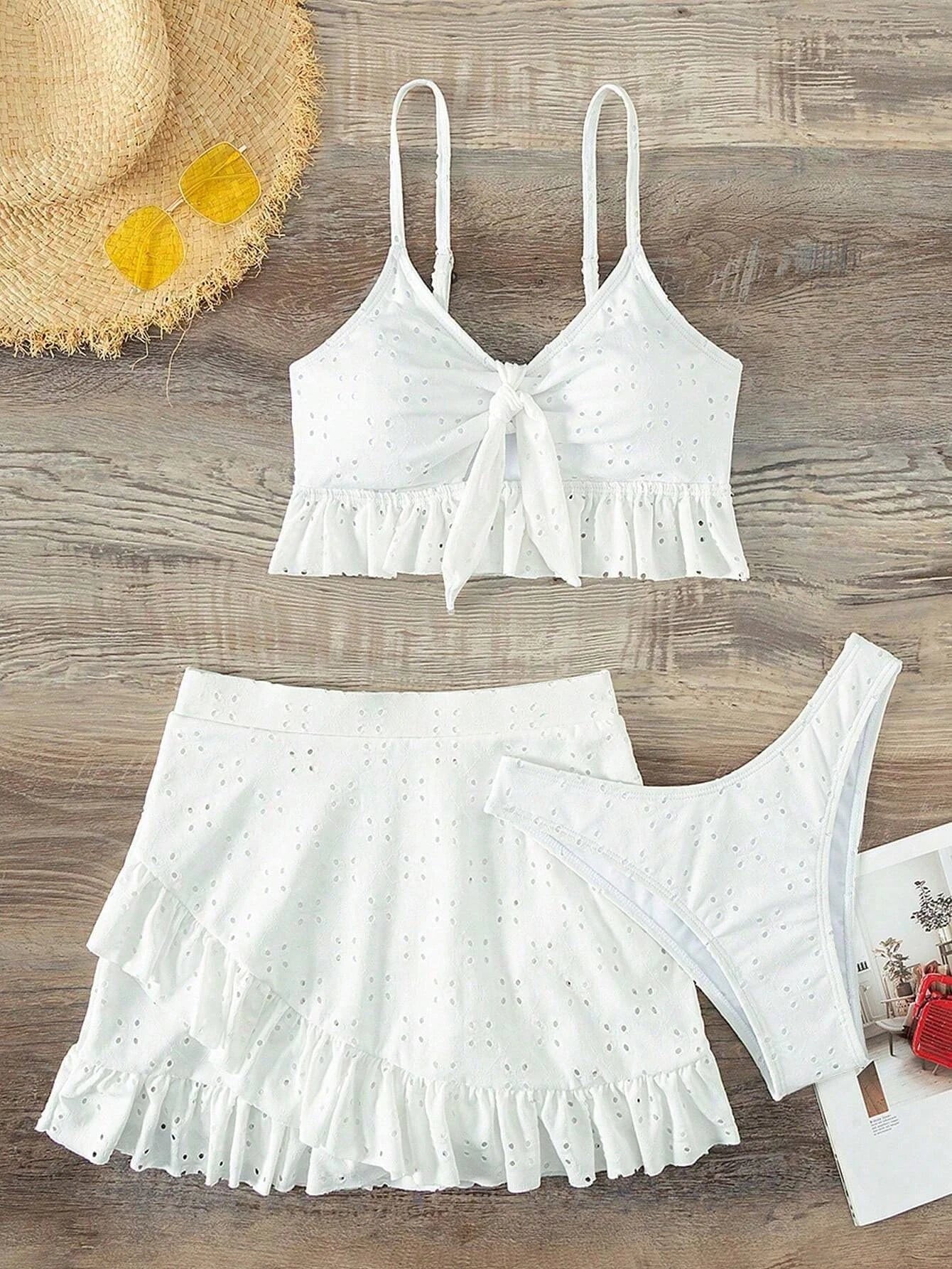 2025 3pack Schwimmbekleidung Frauen: Bikini Schwimmanzug Strand Rock - Knoten Badeanzug Strandmode Rüschen Zweiteilig Bikini Set Biquini Vielseitigkeit