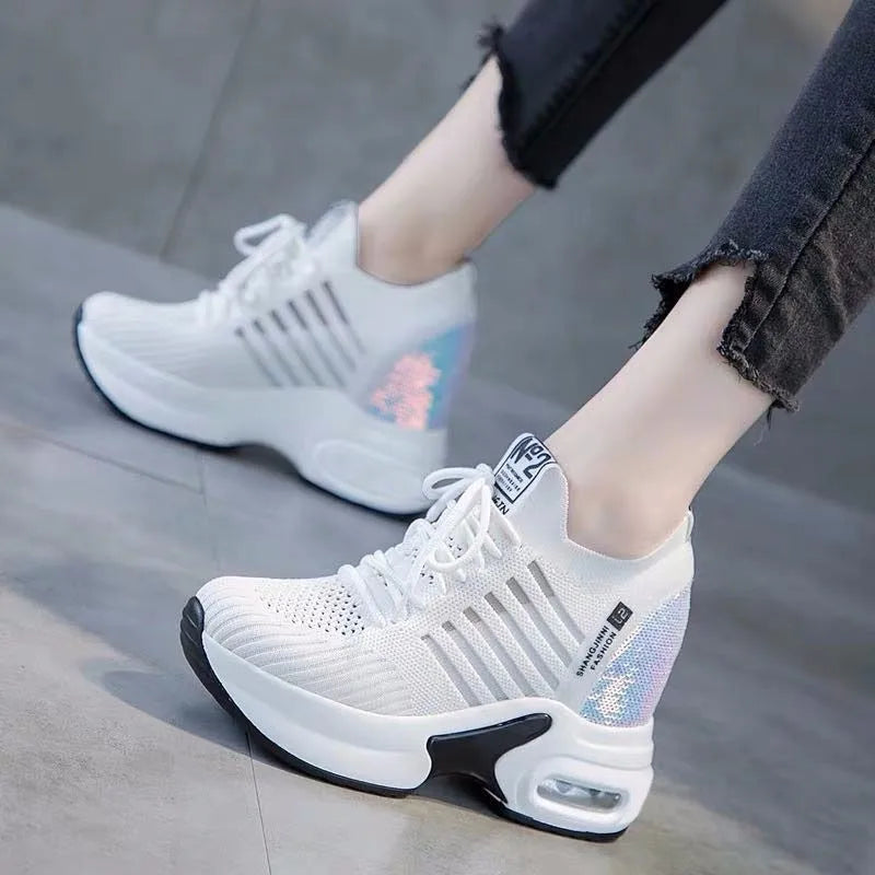 Women's Shoes 2023 New Autumn Wedge Platform Lace Up Casual Sneakers Fashion High Heels Breathable Comfortable Sport Shoes