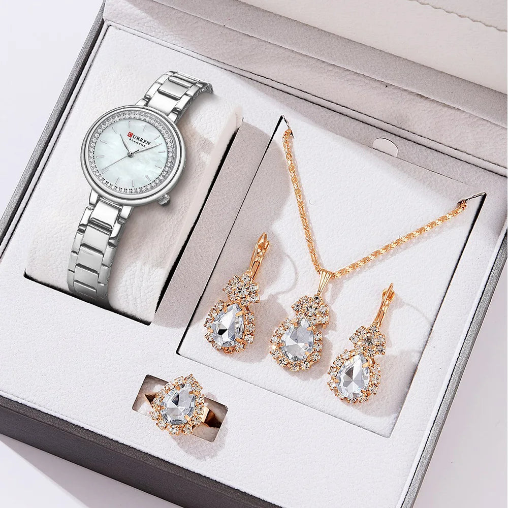 CURREN Luxus Uhr Damen Ring Halskette Ohrringe - Strass Mode Armbanduhr Weiblich Casual Damen Uhren Armband 5-teiliges Set