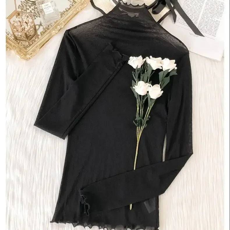 Sexy Women T Shirt See Through Transparent Tops Long Sleeve Ladies T-Shirt Pink Green Basic Top for Female Bottoming Blouses