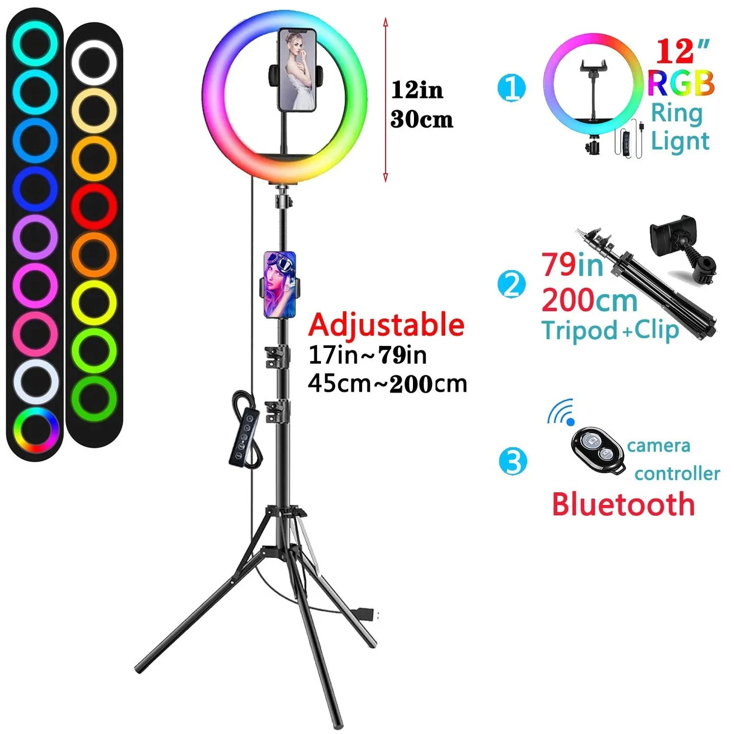 Inel luminos 2025: Trepied RGB pentru selfie de 12 inch și 30 cm - Suport telefon, fotografie, LED, colecție de machiaj