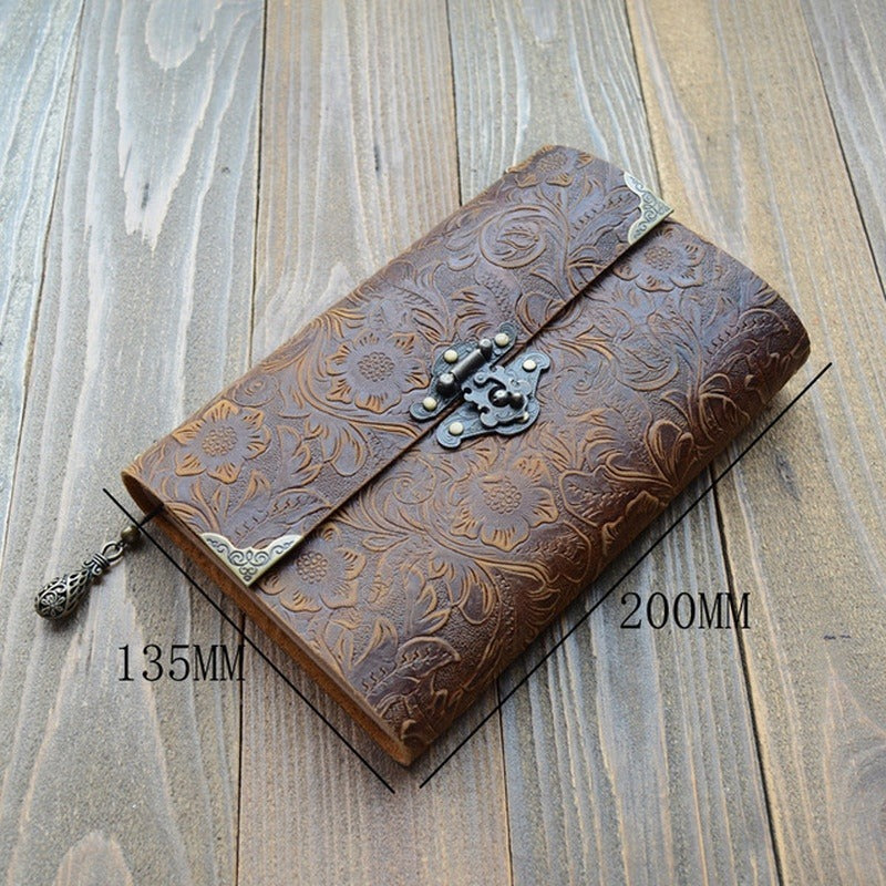 Embossed Pattern Soft Leather Travel Notebook with Lock and Key Diary Notepad Paper for Business Sketching & Writing