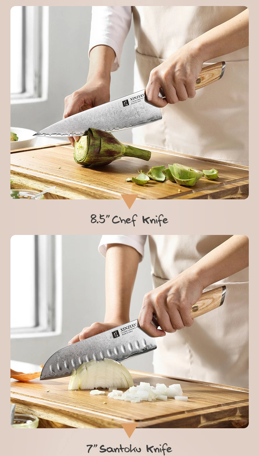 XINZUO 1-5pcs Knife Set Pakkawood Handle Nails 3-layer Clad Steel 60±2 HRC 15°±1 Per Side Kitchen Accessory Tools Best Gift