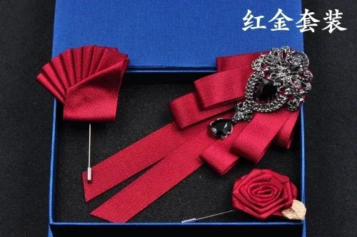 Fashion Handmade Bow Tie Wedding Collar Luxury Rhinestone Bowtie Necktie Brooch Pocket Towel Square Set Gift for Men Accessories