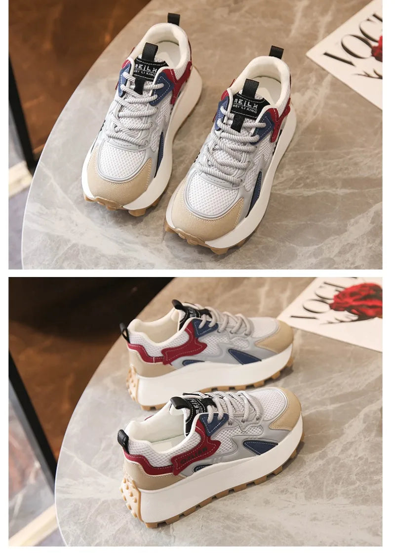 Women‘s Trendy Color-blocked Brand Design Thick-soled Sneakers 2024 Spring and autumn New  Lace-up Mesh Breathable Tennis Shoes
