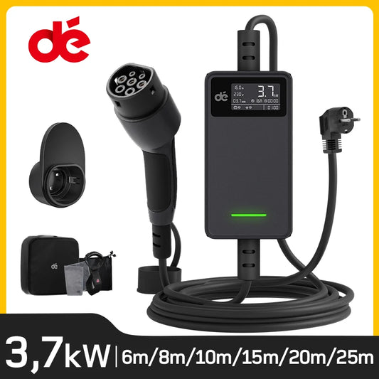 Elektroauto-Ladegerät Typ 2 16A 3,7kW Schuko mit Digitaldisplay 6m 8m 10m 15m 20m Ladekabel Mode 2 für Zuhause und Outdoor