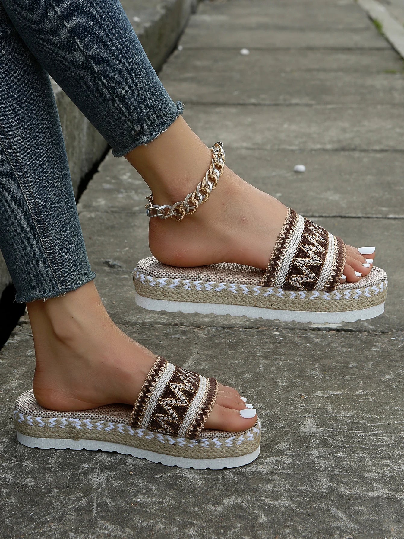 Gewebte Damen Pantoletten Platform - Sommer Schuhe für Damen 2025 Neu - Strand Casual Absatz Sandalen Bohemian Handgemacht Espadrilles