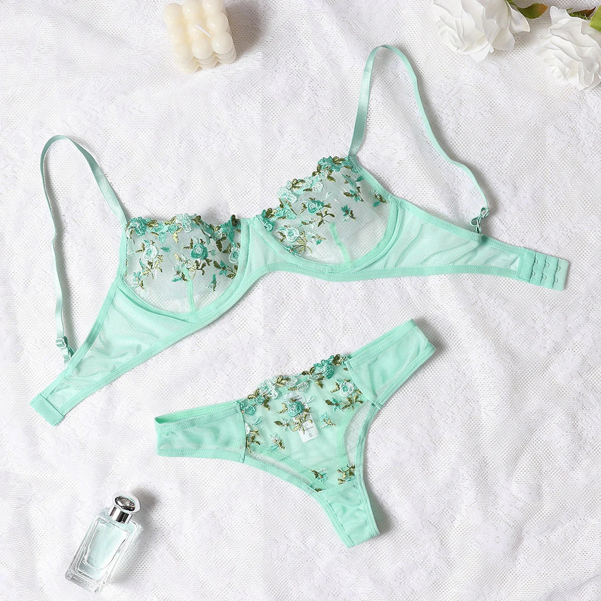 Fashion Embroidery Underwear Transparent Lingerie elegant Floral Lace Short Skin Care Kits Delicate Fairy Set Woman 2 Pieces