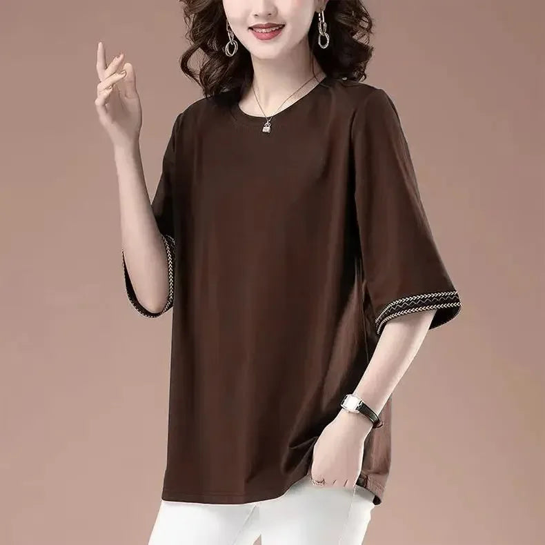 Short-sleeved T-shirt for women spring and summer new loose mid-sleeved sweatshirt mid-length top - Golden Bridge Store