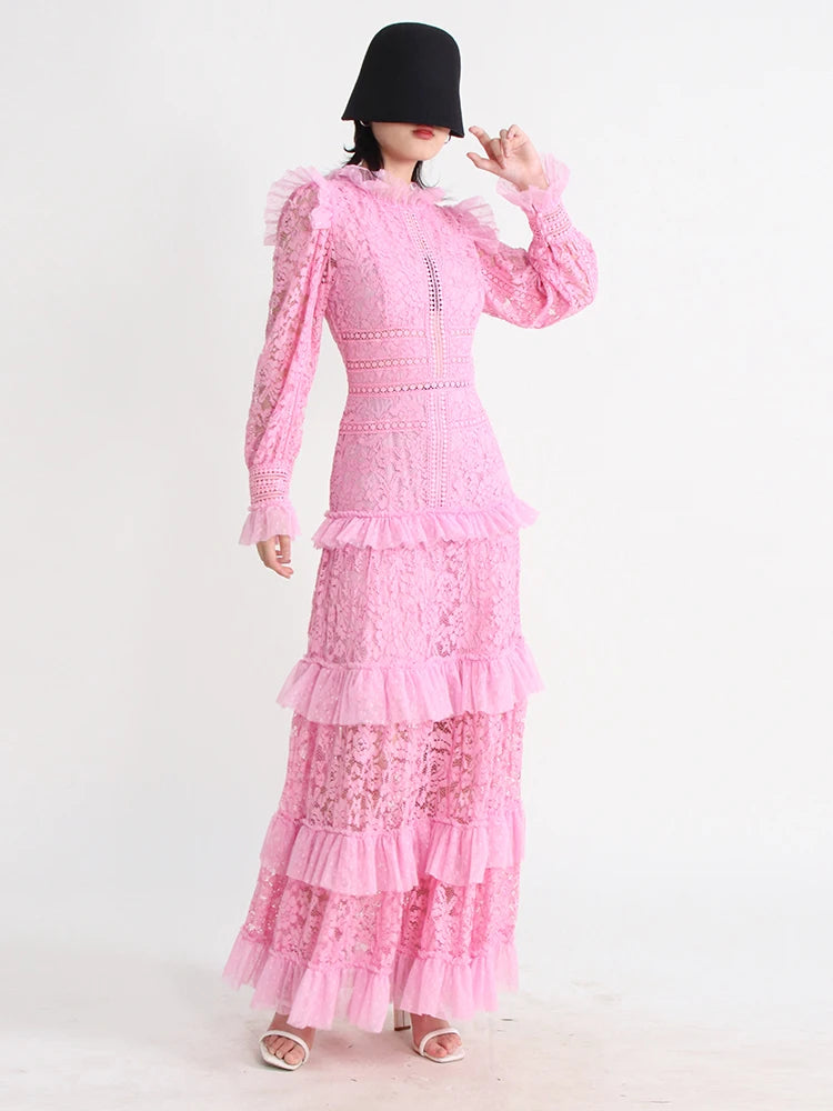 TWOTWINSTYLE Elegant Dresses For Women Stand Collar Long Sleeve High Waist Embroidery Slim Dress Female Fashion Clothing 2023