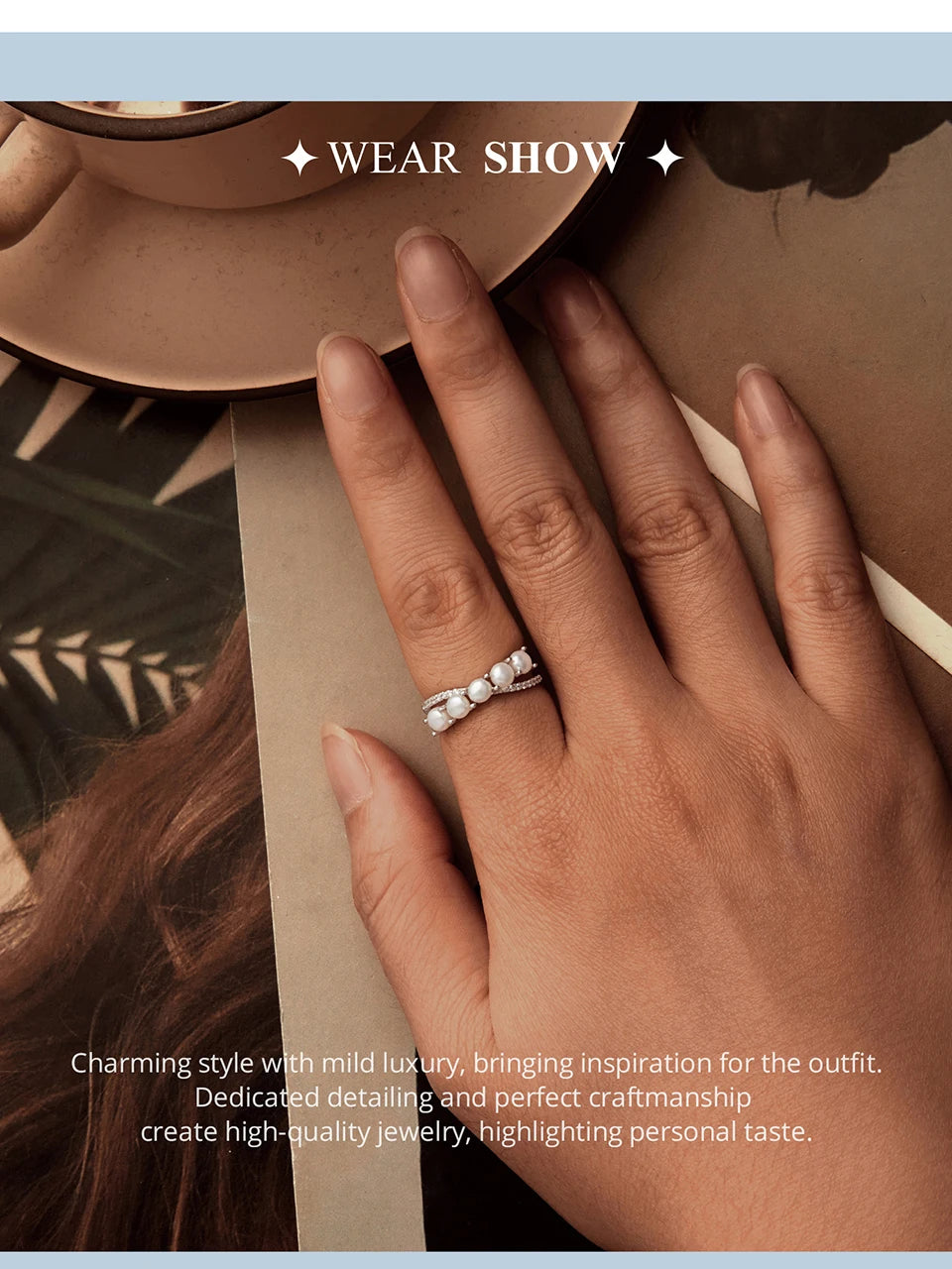 BISAER 925 Sterling Silver Pearl Ring Double Layer White Gold Zircon For Elegant Women Wedding Engagement Original Fine Jewelry