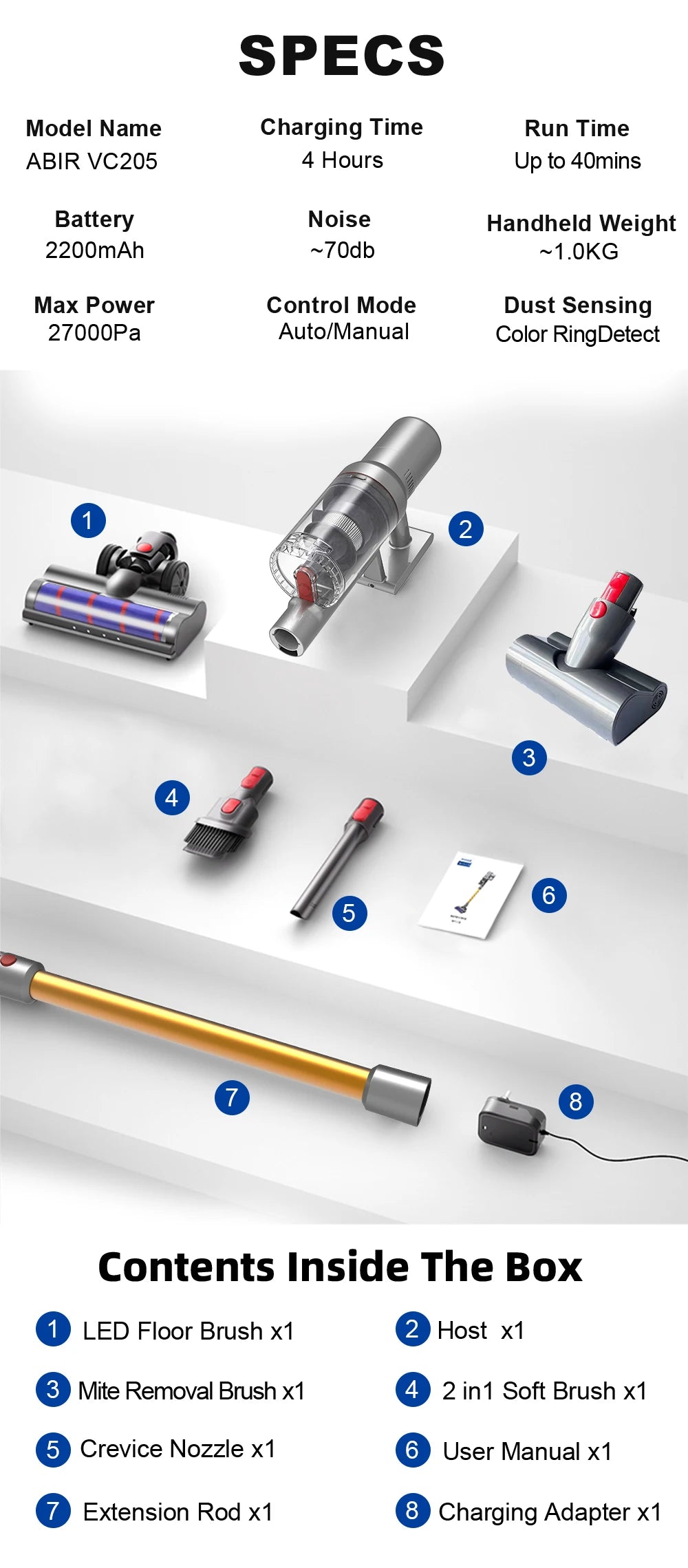 Odkurzacz bezprzewodowy ABIR VC205 Touch 27000PA - 40 min