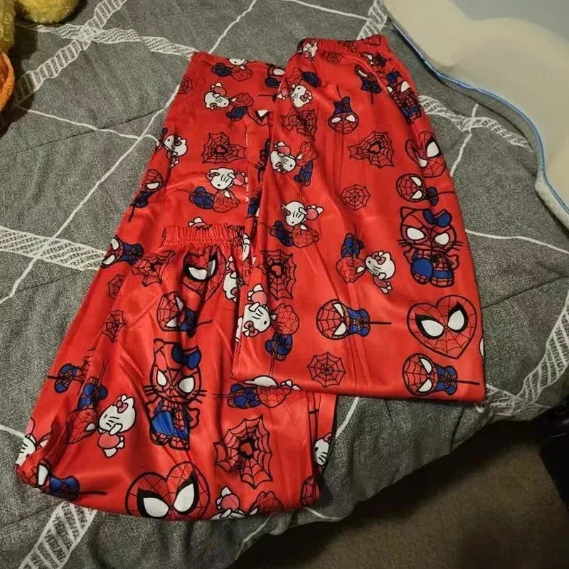 Pyjama 2025: Hello Kitty Spiderman Pajamas Black Kawaii Print - Men Women Universal Couple Fashion Long Comfort Loose Casual Pants Clothing Collection