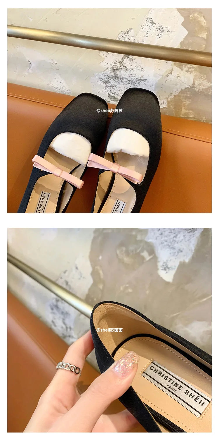 Ballet Falts Shoes for Women Bow Tie Elegant Women's Loafers Shoes with Low Heels Black Leather Mary Janes Desinger Shoes Ladies
