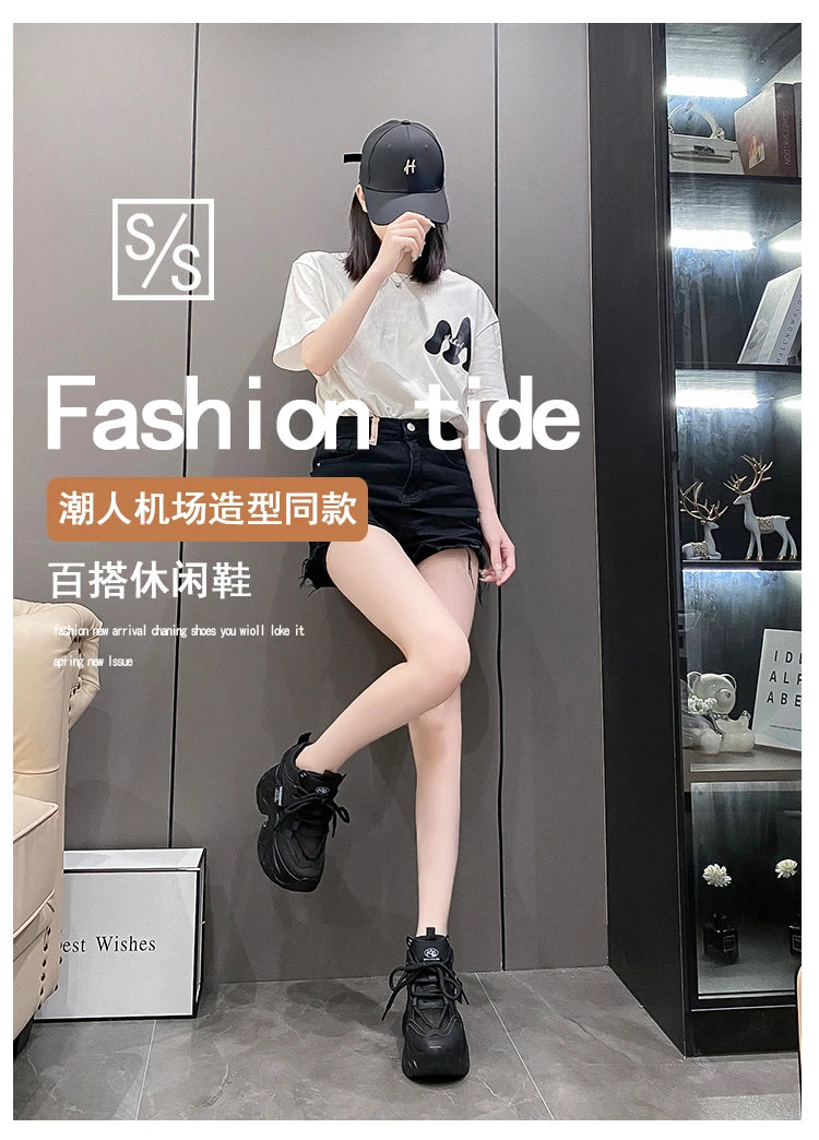 Women High Platform Sneakers New Summer 9.5CM Wedge Heels Thick Sole Leather Shoes Autumn Breathable Mesh Chunky Sneakers Woman