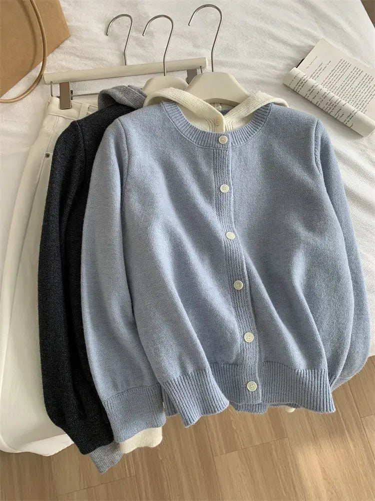 Cardigan tricotat cu glugă, stil coreean, Pateekate - Mărime M, Material poliester/vâscoză/spandex, Croială lejeră