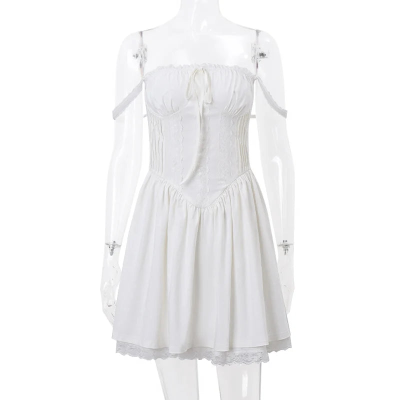 WhereMery Elegant Women Aesthetic  Pleated Mini Dress Y2K White Sleeveless Square-neck Lace-up Off Shoulder Spring Party Dresses