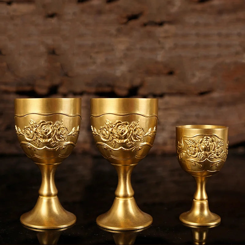 Carved Brass Wine Glass 6 Piece Set Golden Goblet Home Barware Liquor Glass Water Cup Metal Wine Cups Spirit Glass Crafts Gift