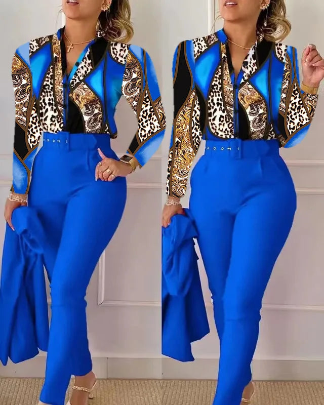 Femei elegante cămașă două piese set costume toamna nouă modă imprimare mânecă lungă top pantaloni negri set cu curea bluze îmbrăcăminte feminină