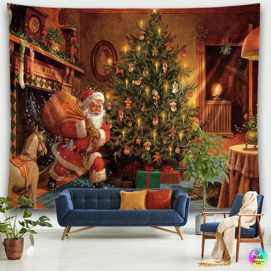 Merry Christmas Tapestry Fireplace Wall Hanging Tapestries Christmas Tree Room Decoration Santa Claus Home Wall Decor Large