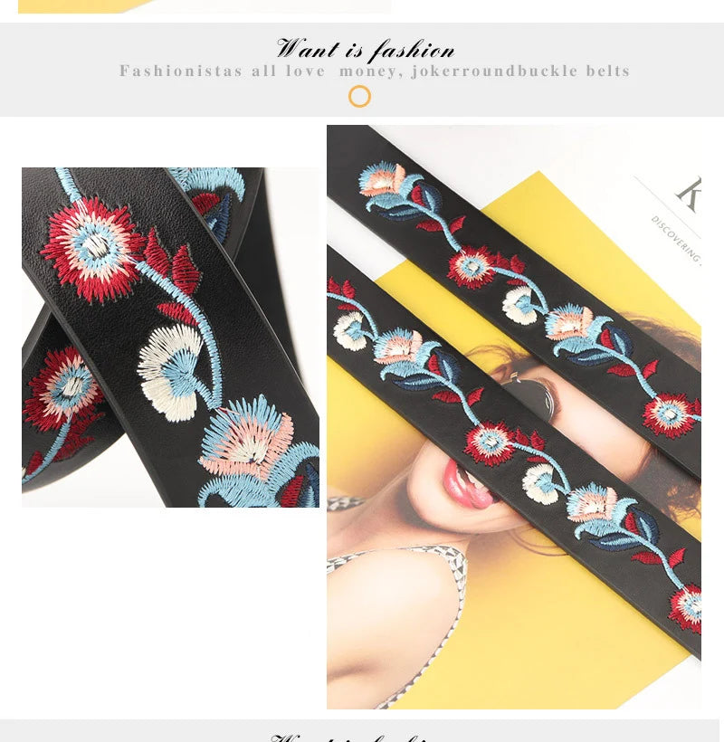 Curea din piele pentru femei, cu flori brodate, la modă, casual, design de lux, simplă, versatilă, pentru blugi, gotic, retro, cu cataramă cu știft, nouă