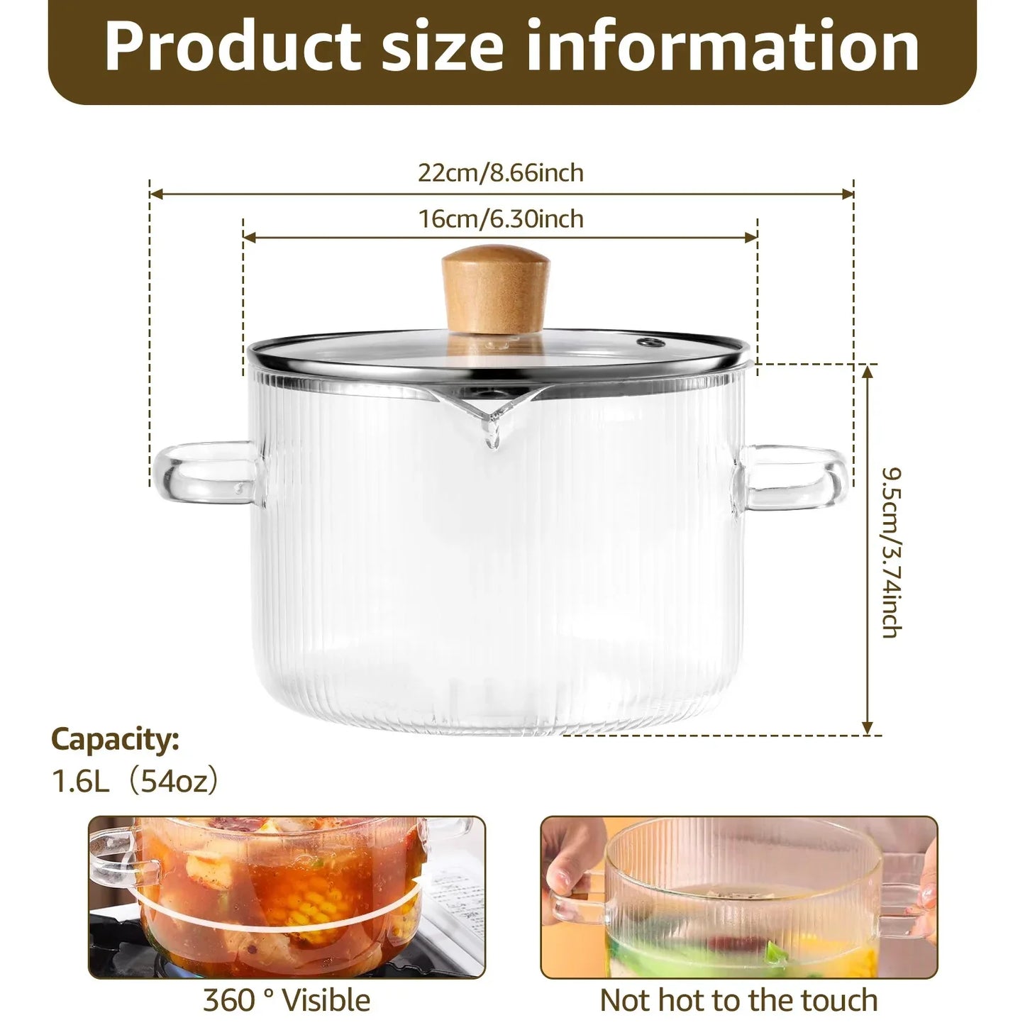 Glass Cooking Pot Transparent BorosilicateGlass Simmer Pot w/ Lid and Spout Heat Resistant Cooking Stovetop Pot Kitchen Soup Pot - Golden Bridge Store