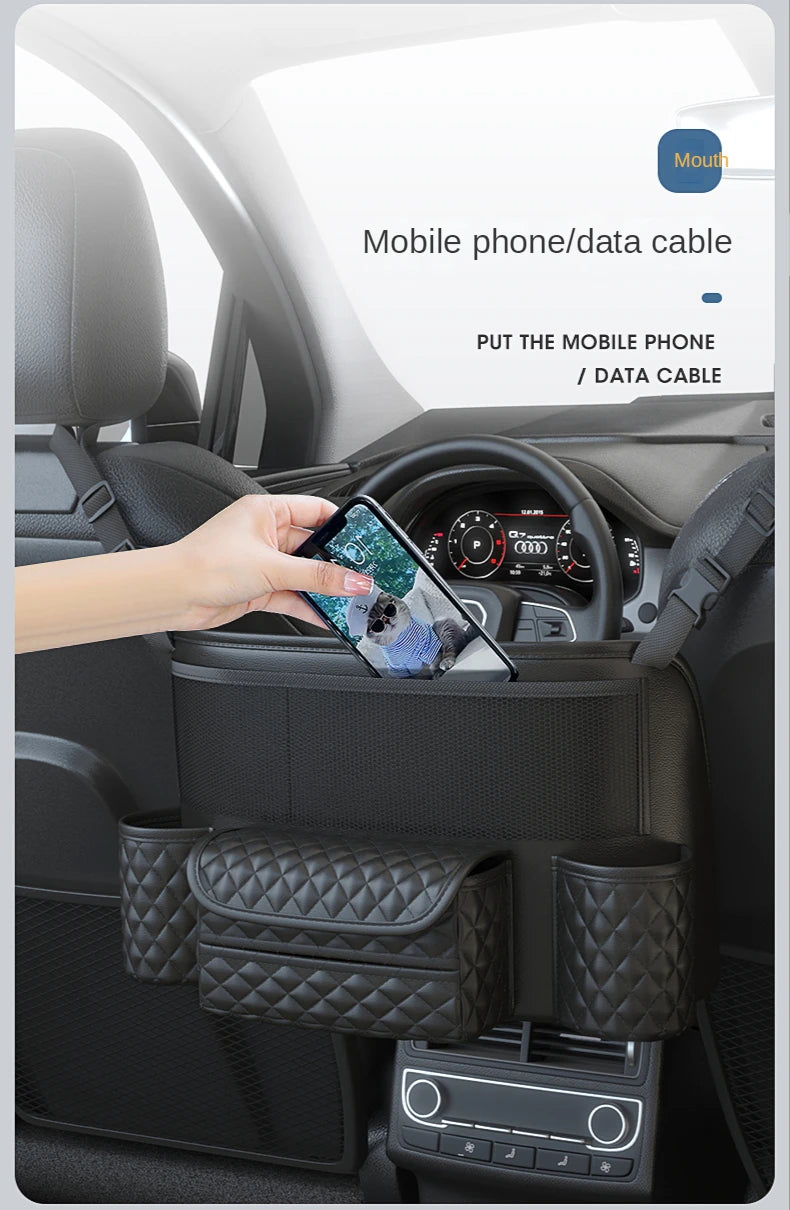 Geantă de depozitare din piele pentru scaunul auto, suport pentru geantă de mână auto de lux între scaune, buzunare pentru pahar de apă, depozitare și ordonare